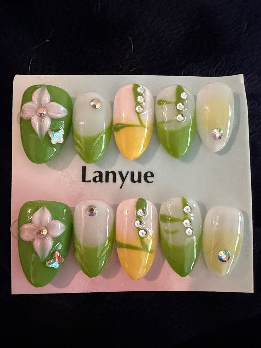 Green & Yellow Floral handmade acrylic Press-On Nail Set